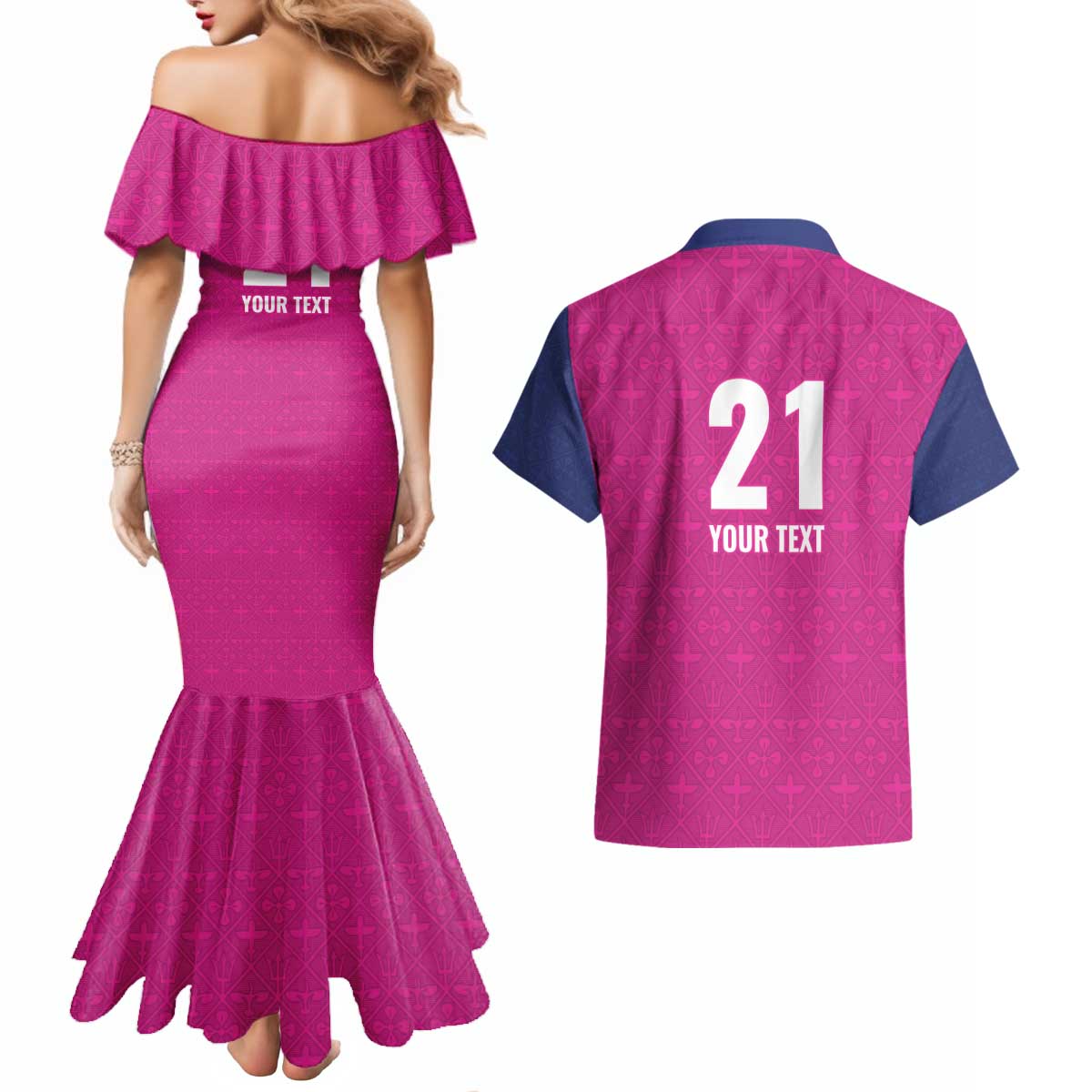 Caribbean Cricket Barbados Custom Couples Matching Mermaid Dress and Hawaiian Shirt Strike of the Tridents Pink Fury - Wonder Print Shop