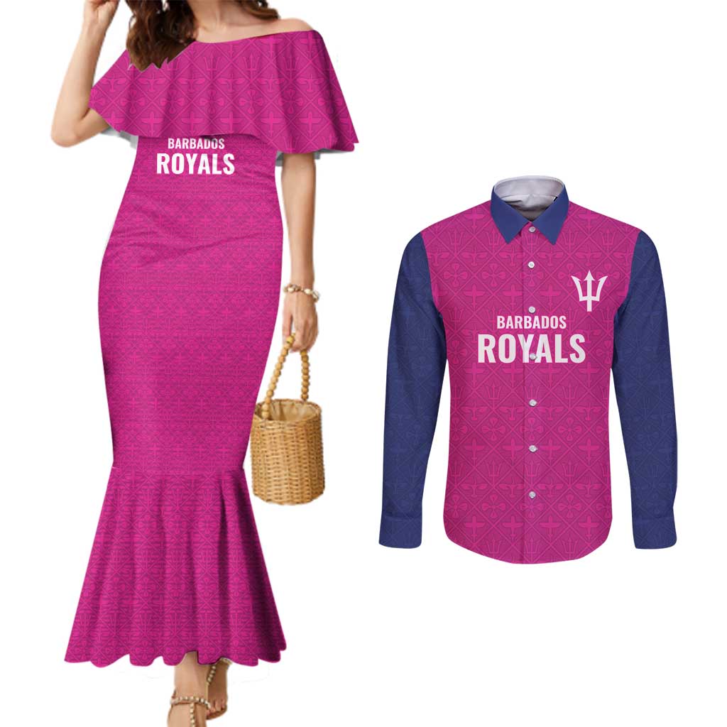 Caribbean Cricket Barbados Custom Couples Matching Mermaid Dress and Long Sleeve Button Shirt Strike of the Tridents Pink Fury - Wonder Print Shop