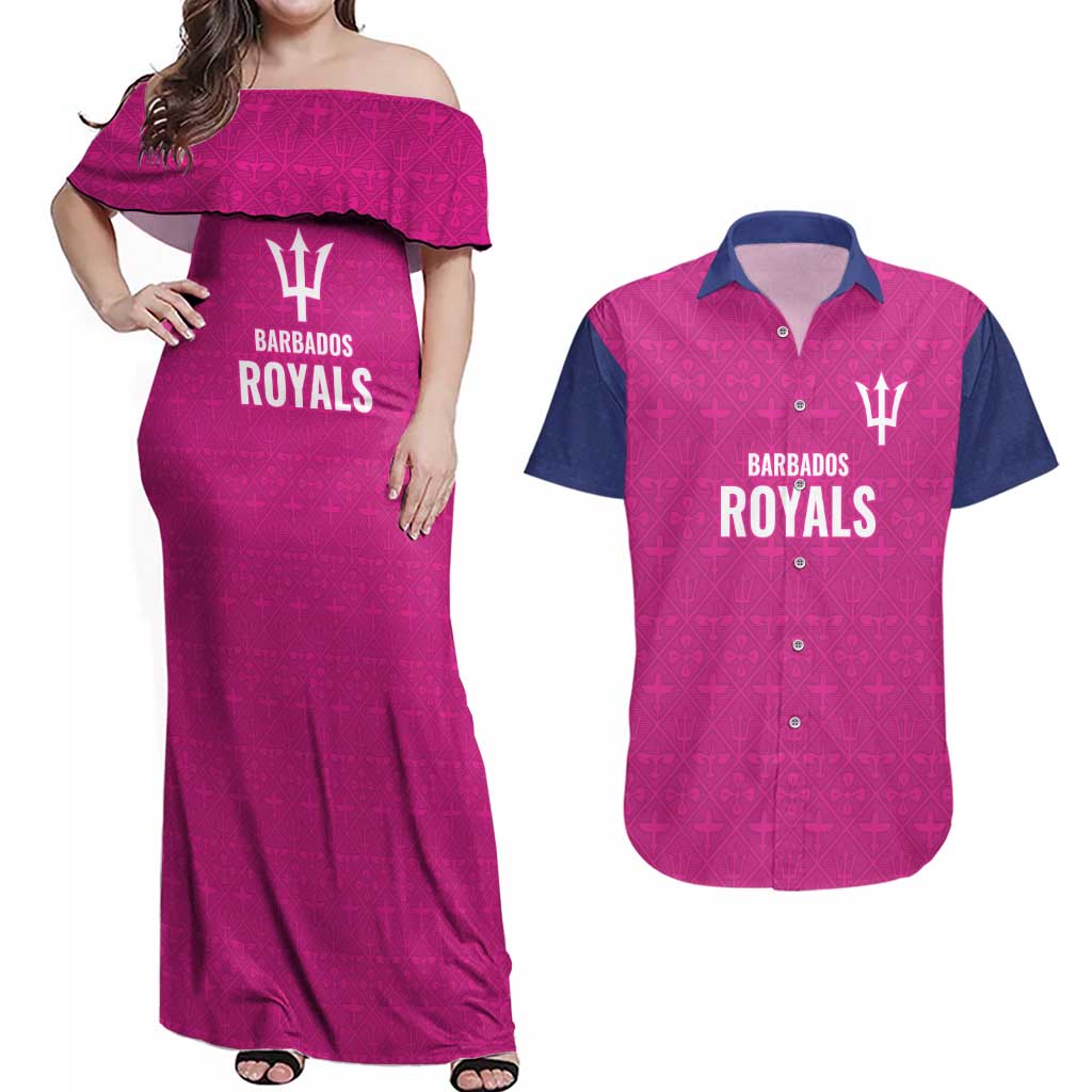 Caribbean Cricket Barbados Custom Couples Matching Off Shoulder Maxi Dress and Hawaiian Shirt Strike of the Tridents Pink Fury - Wonder Print Shop