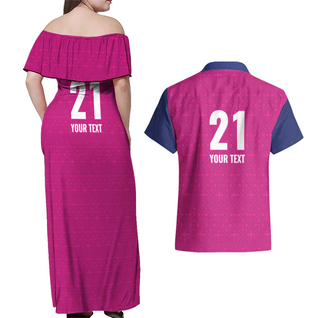 Caribbean Cricket Barbados Custom Couples Matching Off Shoulder Maxi Dress and Hawaiian Shirt Strike of the Tridents Pink Fury - Wonder Print Shop