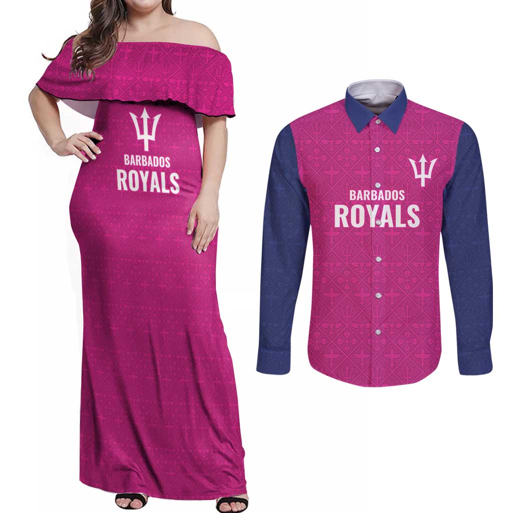 Caribbean Cricket Barbados Custom Couples Matching Off Shoulder Maxi Dress and Long Sleeve Button Shirt Strike of the Tridents Pink Fury - Wonder Print Shop