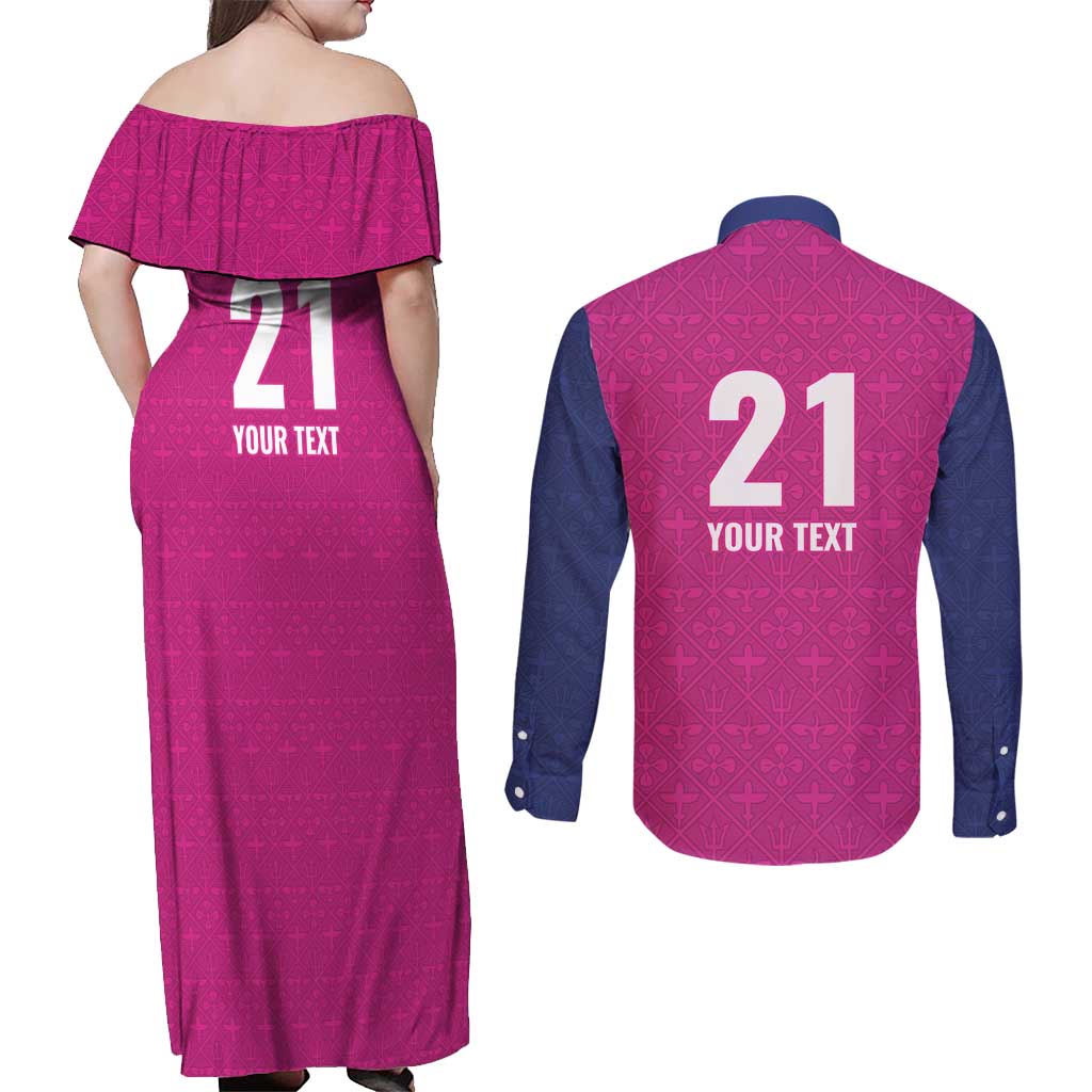 Caribbean Cricket Barbados Custom Couples Matching Off Shoulder Maxi Dress and Long Sleeve Button Shirt Strike of the Tridents Pink Fury - Wonder Print Shop