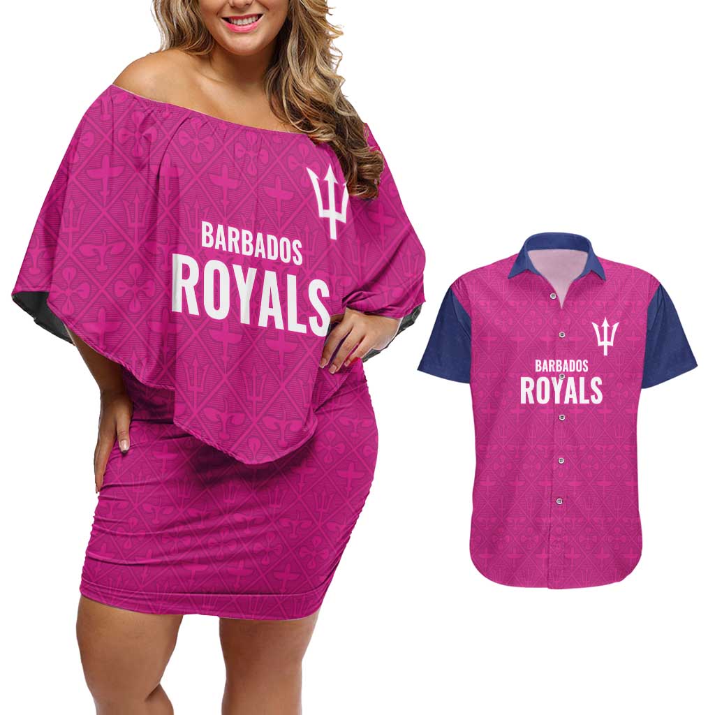 Caribbean Cricket Barbados Custom Couples Matching Off Shoulder Short Dress and Hawaiian Shirt Strike of the Tridents Pink Fury - Wonder Print Shop