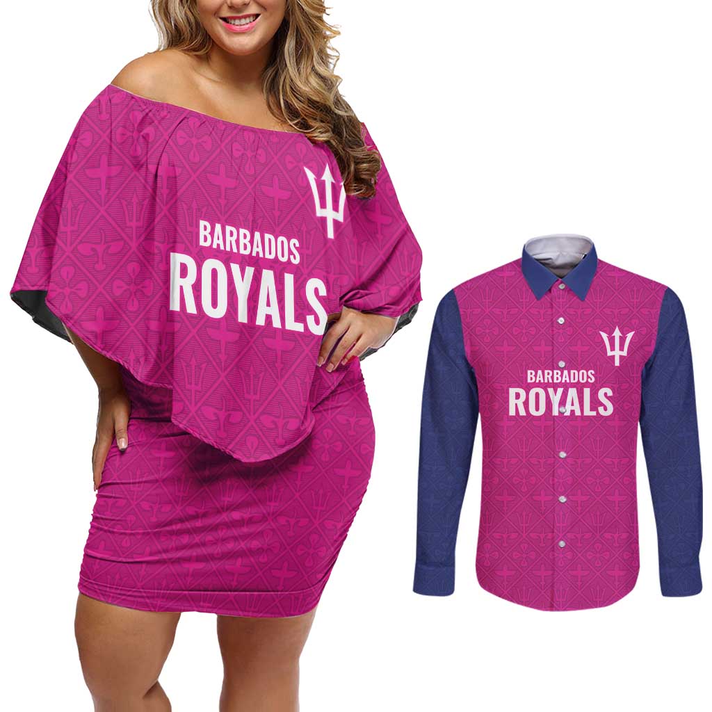 Caribbean Cricket Barbados Custom Couples Matching Off Shoulder Short Dress and Long Sleeve Button Shirt Strike of the Tridents Pink Fury - Wonder Print Shop