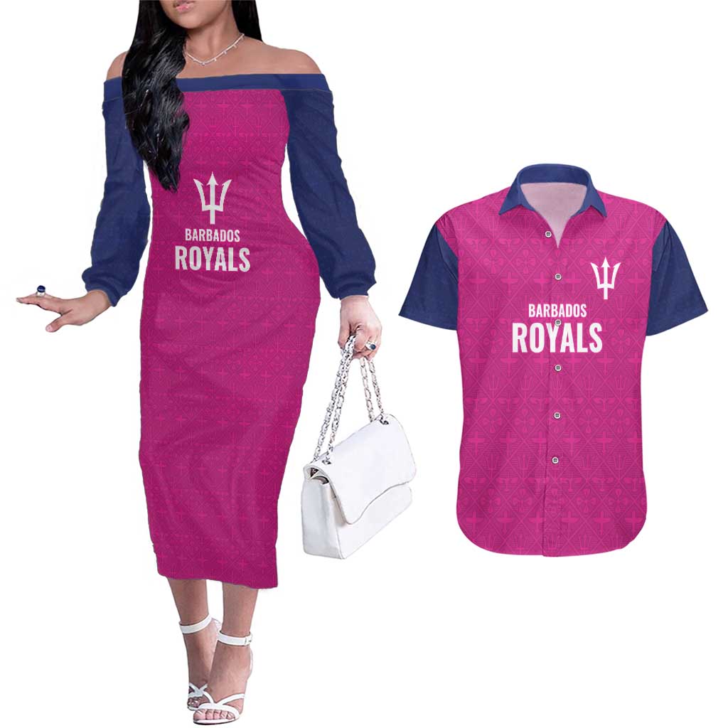 Caribbean Cricket Barbados Custom Couples Matching Off The Shoulder Long Sleeve Dress and Hawaiian Shirt Strike of the Tridents Pink Fury - Wonder Print Shop
