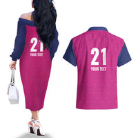 Caribbean Cricket Barbados Custom Couples Matching Off The Shoulder Long Sleeve Dress and Hawaiian Shirt Strike of the Tridents Pink Fury - Wonder Print Shop