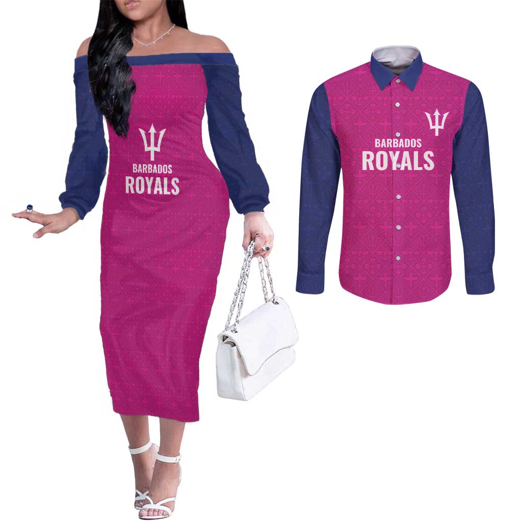 Caribbean Cricket Barbados Custom Couples Matching Off The Shoulder Long Sleeve Dress and Long Sleeve Button Shirt Strike of the Tridents Pink Fury - Wonder Print Shop