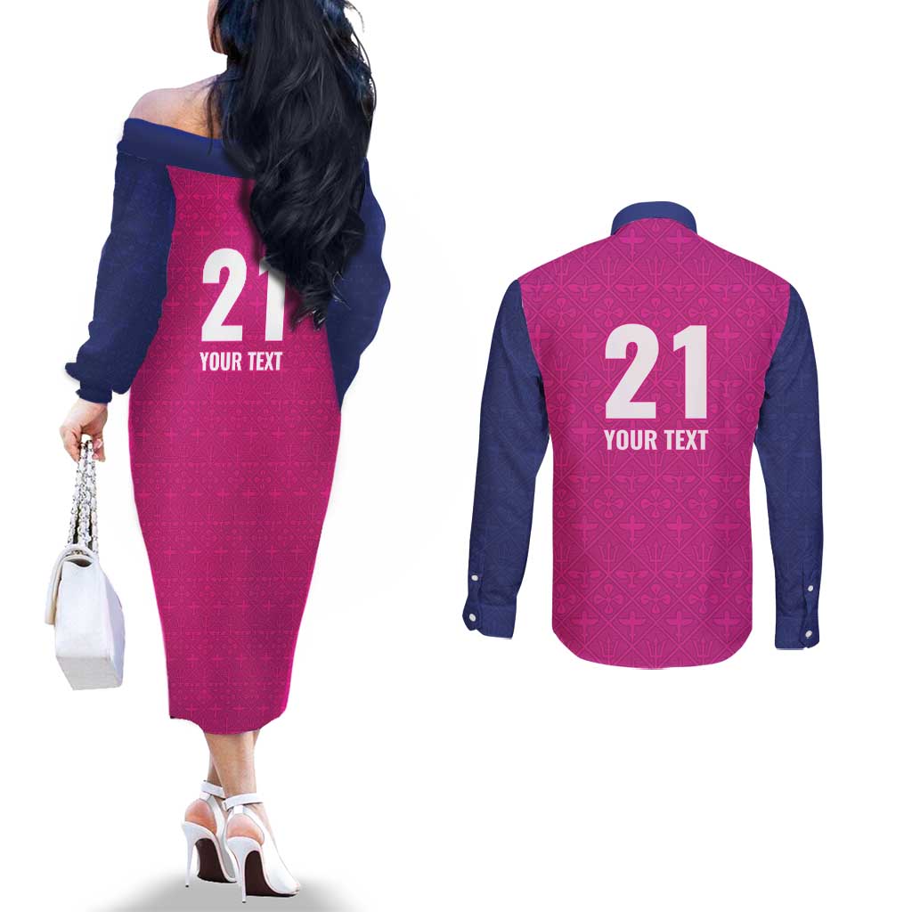 Caribbean Cricket Barbados Custom Couples Matching Off The Shoulder Long Sleeve Dress and Long Sleeve Button Shirt Strike of the Tridents Pink Fury - Wonder Print Shop