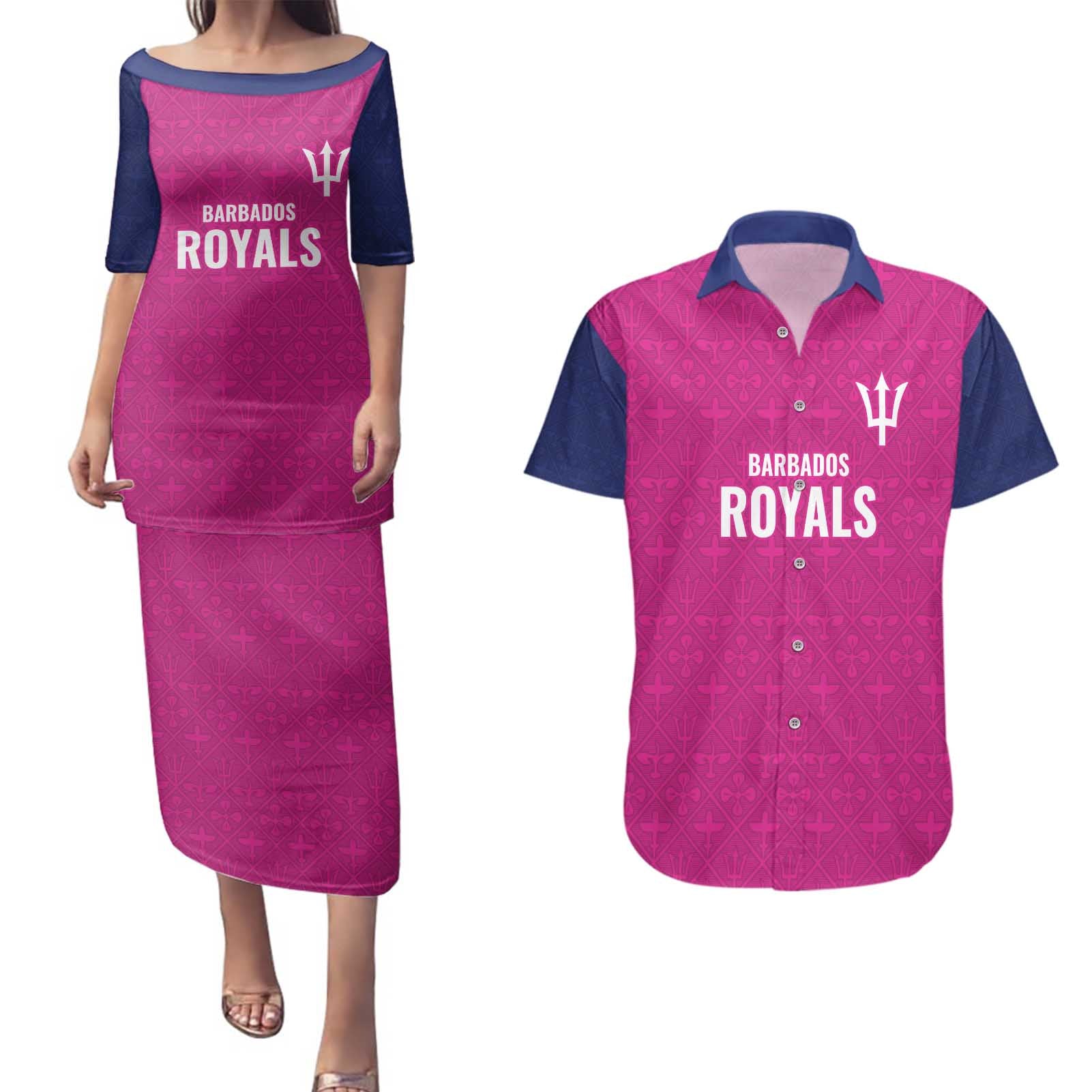 Caribbean Cricket Barbados Custom Couples Matching Puletasi and Hawaiian Shirt Strike of the Tridents Pink Fury - Wonder Print Shop