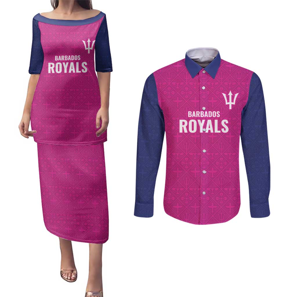 Caribbean Cricket Barbados Custom Couples Matching Puletasi and Long Sleeve Button Shirt Strike of the Tridents Pink Fury - Wonder Print Shop