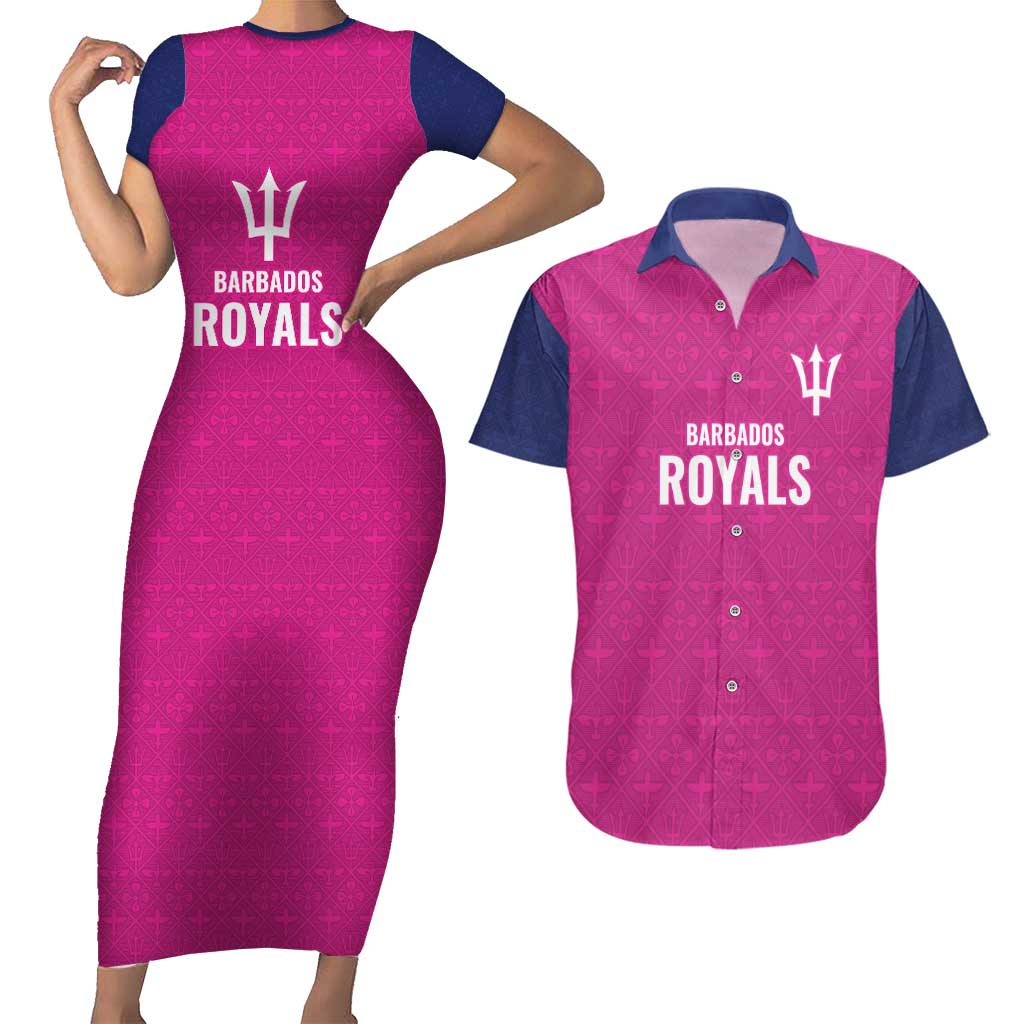 Caribbean Cricket Barbados Custom Couples Matching Short Sleeve Bodycon Dress and Hawaiian Shirt Strike of the Tridents Pink Fury - Wonder Print Shop