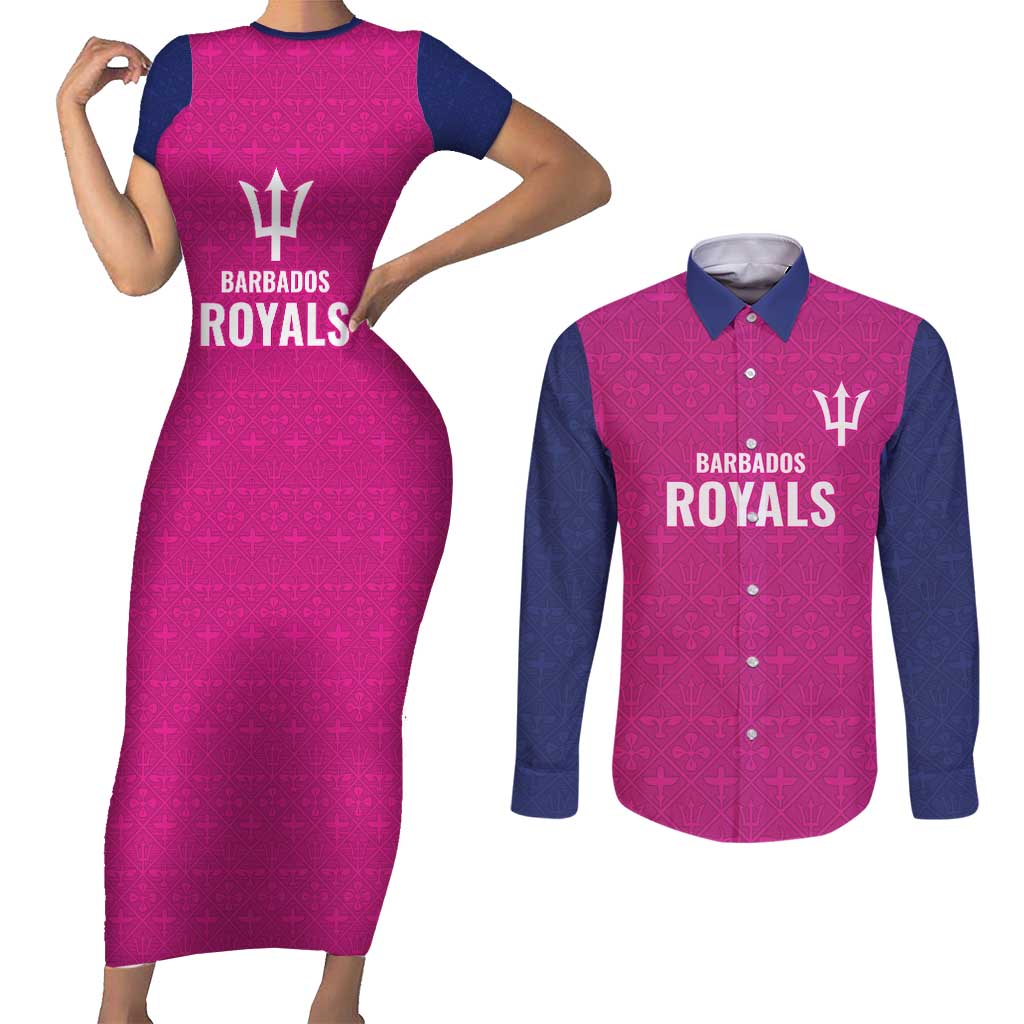 Caribbean Cricket Barbados Custom Couples Matching Short Sleeve Bodycon Dress and Long Sleeve Button Shirt Strike of the Tridents Pink Fury - Wonder Print Shop