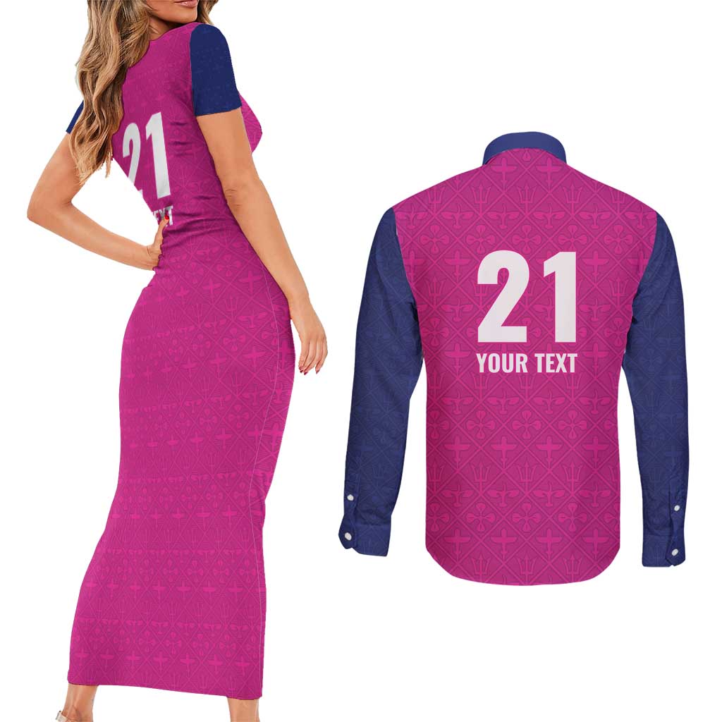 Caribbean Cricket Barbados Custom Couples Matching Short Sleeve Bodycon Dress and Long Sleeve Button Shirt Strike of the Tridents Pink Fury - Wonder Print Shop
