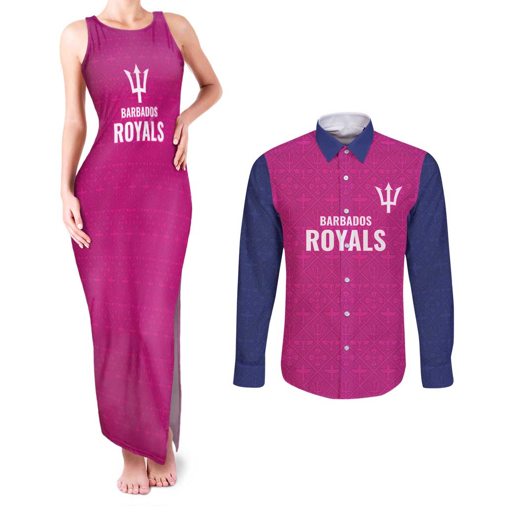 Caribbean Cricket Barbados Custom Couples Matching Tank Maxi Dress and Long Sleeve Button Shirt Strike of the Tridents Pink Fury - Wonder Print Shop