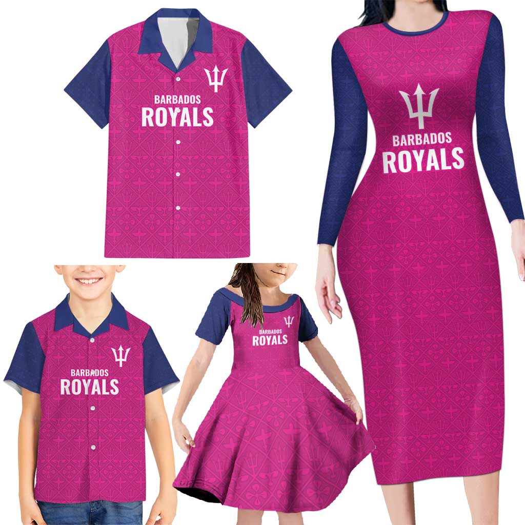 Caribbean Cricket Barbados Custom Family Matching Long Sleeve Bodycon Dress and Hawaiian Shirt Strike of the Tridents Pink Fury - Wonder Print Shop