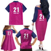 Caribbean Cricket Barbados Custom Family Matching Off The Shoulder Long Sleeve Dress and Hawaiian Shirt Strike of the Tridents Pink Fury - Wonder Print Shop