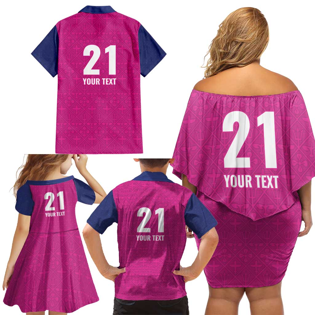 Caribbean Cricket Barbados Custom Family Matching Off Shoulder Short Dress and Hawaiian Shirt Strike of the Tridents Pink Fury - Wonder Print Shop