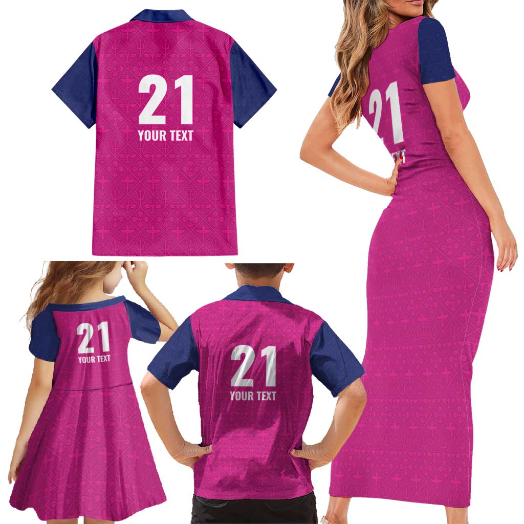 Caribbean Cricket Barbados Custom Family Matching Short Sleeve Bodycon Dress and Hawaiian Shirt Strike of the Tridents Pink Fury - Wonder Print Shop