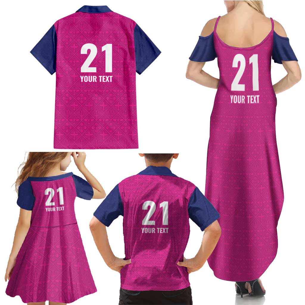 Caribbean Cricket Barbados Custom Family Matching Summer Maxi Dress and Hawaiian Shirt Strike of the Tridents Pink Fury - Wonder Print Shop