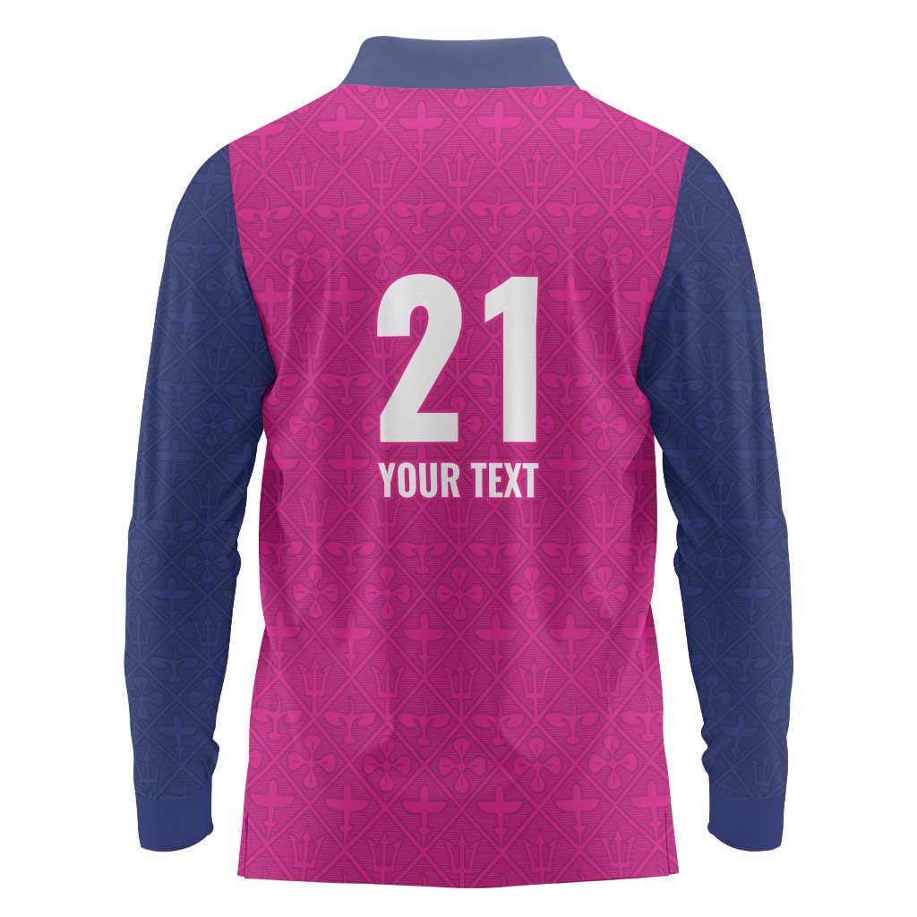 Caribbean Cricket Barbados Custom Long Sleeve Polo Shirt Strike of the Tridents Pink Fury - Wonder Print Shop