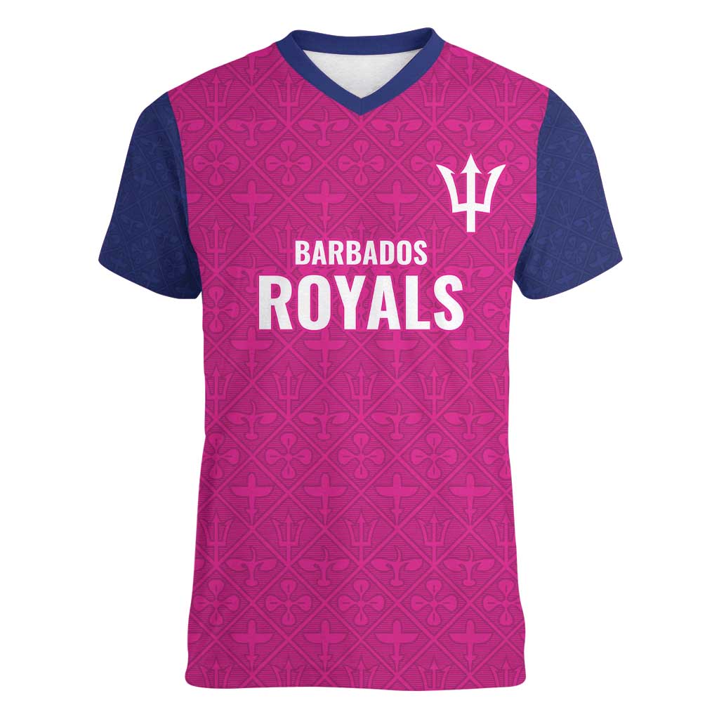 Caribbean Cricket Barbados Custom Women V-Neck T-Shirt Strike of the Tridents Pink Fury - Wonder Print Shop