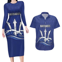 Caribbean Cricket Barbados Custom Couples Matching Long Sleeve Bodycon Dress and Hawaiian Shirt Trident Champion’s Wave - Wonder Print Shop