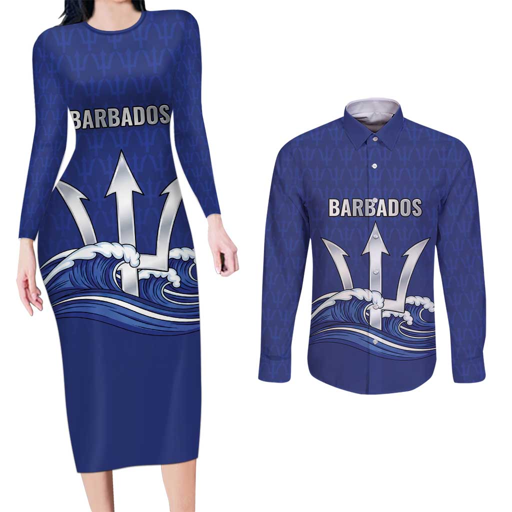 Caribbean Cricket Barbados Custom Couples Matching Long Sleeve Bodycon Dress and Long Sleeve Button Shirt Trident Champion’s Wave - Wonder Print Shop