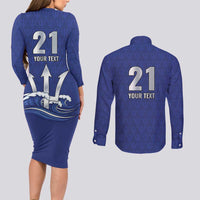 Caribbean Cricket Barbados Custom Couples Matching Long Sleeve Bodycon Dress and Long Sleeve Button Shirt Trident Champion’s Wave - Wonder Print Shop