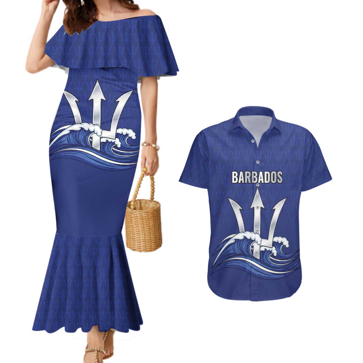 Caribbean Cricket Barbados Custom Couples Matching Mermaid Dress and Hawaiian Shirt Trident Champion’s Wave - Wonder Print Shop