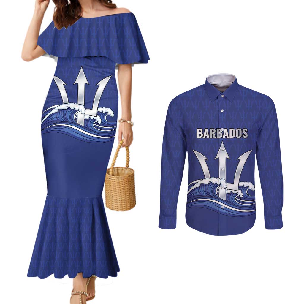 Caribbean Cricket Barbados Custom Couples Matching Mermaid Dress and Long Sleeve Button Shirt Trident Champion’s Wave - Wonder Print Shop
