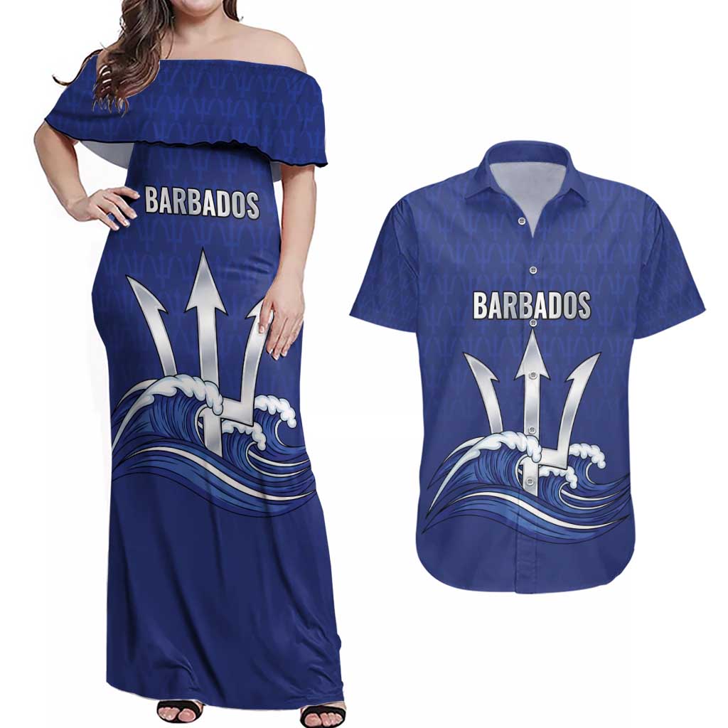Caribbean Cricket Barbados Custom Couples Matching Off Shoulder Maxi Dress and Hawaiian Shirt Trident Champion’s Wave - Wonder Print Shop