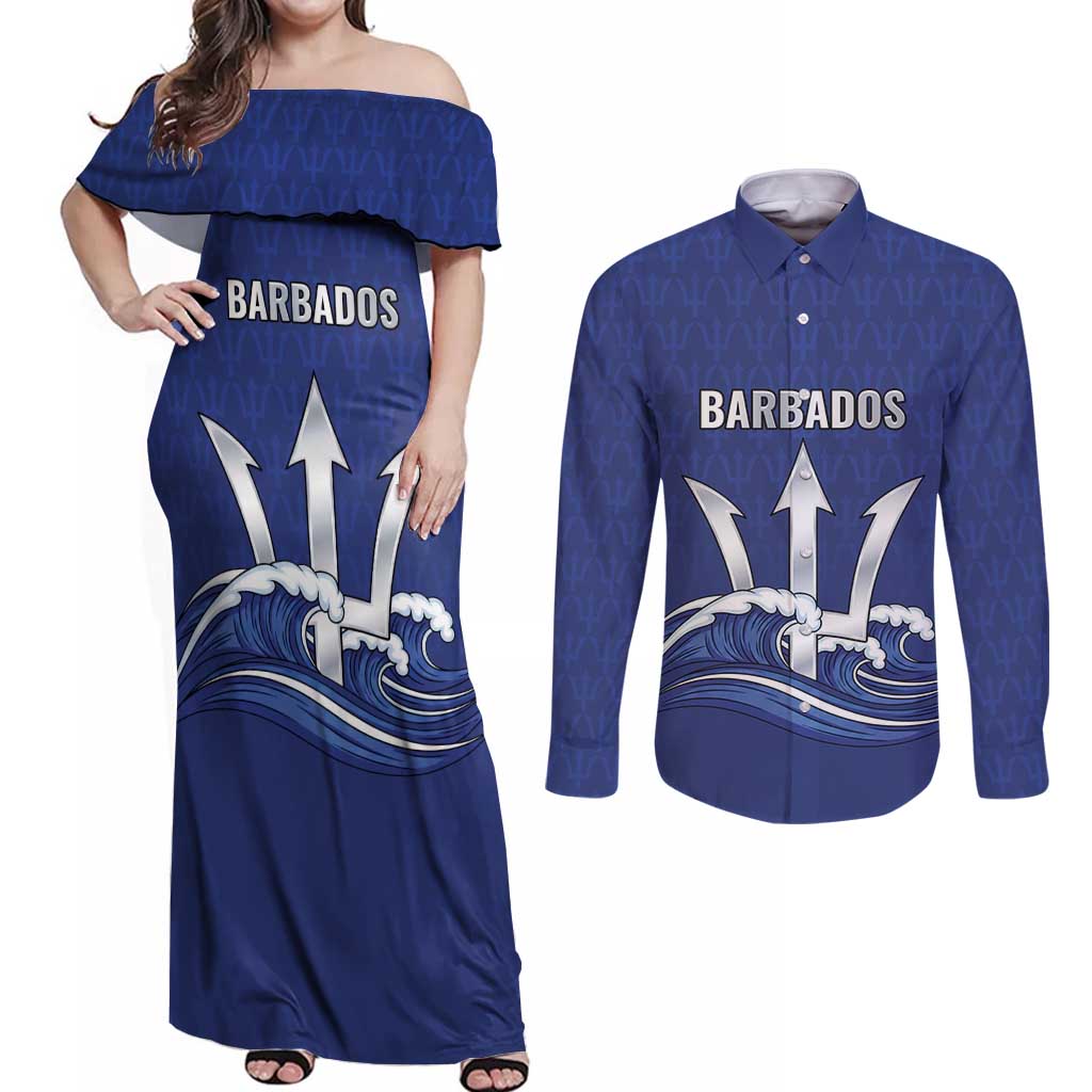 Caribbean Cricket Barbados Custom Couples Matching Off Shoulder Maxi Dress and Long Sleeve Button Shirt Trident Champion’s Wave - Wonder Print Shop