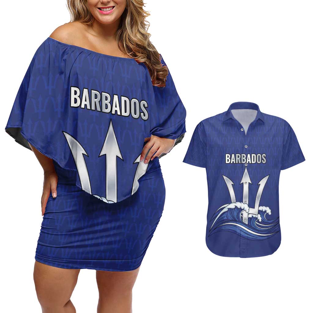 Caribbean Cricket Barbados Custom Couples Matching Off Shoulder Short Dress and Hawaiian Shirt Trident Champion’s Wave - Wonder Print Shop