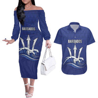 Caribbean Cricket Barbados Custom Couples Matching Off The Shoulder Long Sleeve Dress and Hawaiian Shirt Trident Champion’s Wave - Wonder Print Shop
