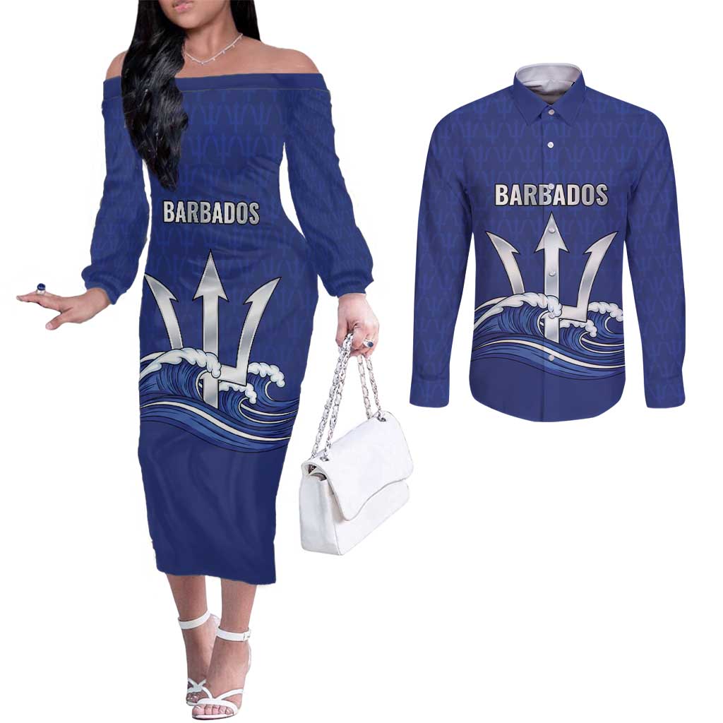 Caribbean Cricket Barbados Custom Couples Matching Off The Shoulder Long Sleeve Dress and Long Sleeve Button Shirt Trident Champion’s Wave - Wonder Print Shop