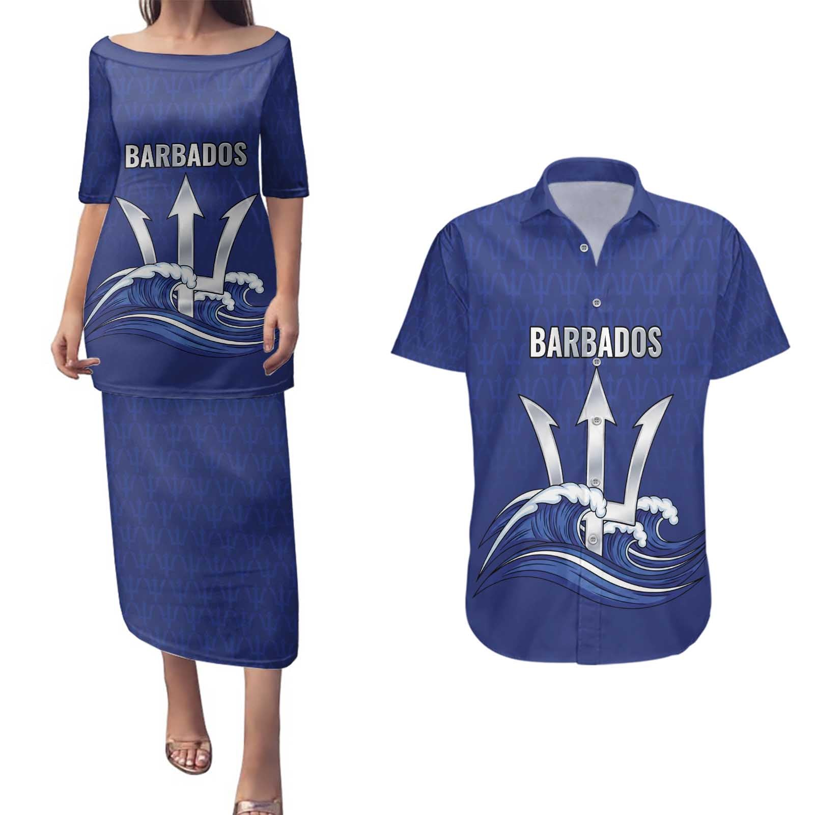 Caribbean Cricket Barbados Custom Couples Matching Puletasi and Hawaiian Shirt Trident Champion’s Wave - Wonder Print Shop