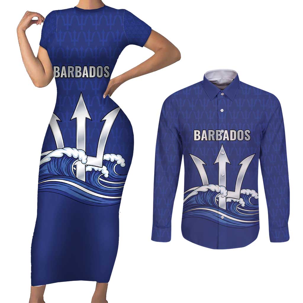 Caribbean Cricket Barbados Custom Couples Matching Short Sleeve Bodycon Dress and Long Sleeve Button Shirt Trident Champion’s Wave - Wonder Print Shop