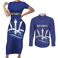 Caribbean Cricket Barbados Custom Couples Matching Short Sleeve Bodycon Dress and Long Sleeve Button Shirt Trident Champion’s Wave - Wonder Print Shop