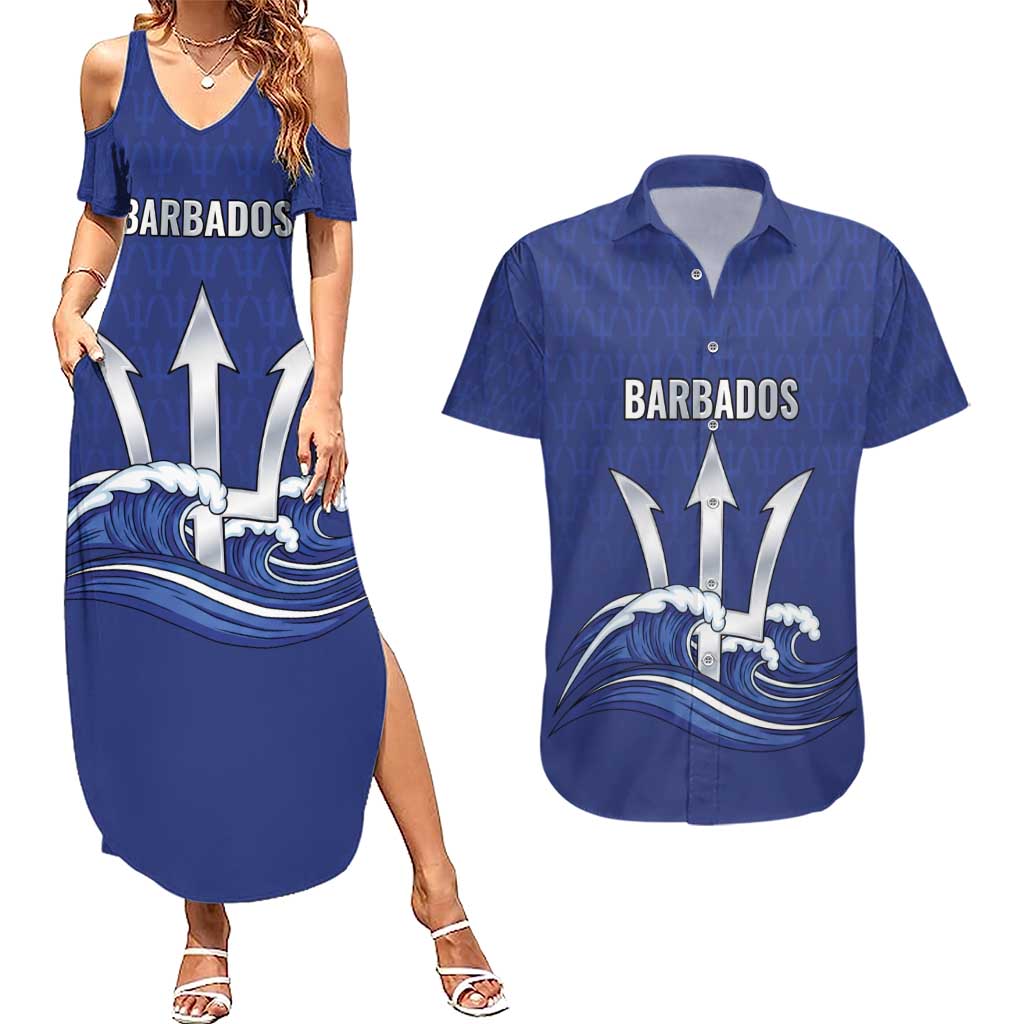 Caribbean Cricket Barbados Custom Couples Matching Summer Maxi Dress and Hawaiian Shirt Trident Champion’s Wave - Wonder Print Shop