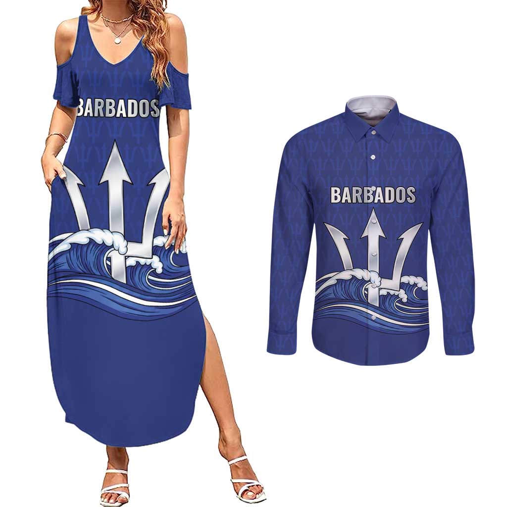 Caribbean Cricket Barbados Custom Couples Matching Summer Maxi Dress and Long Sleeve Button Shirt Trident Champion’s Wave - Wonder Print Shop
