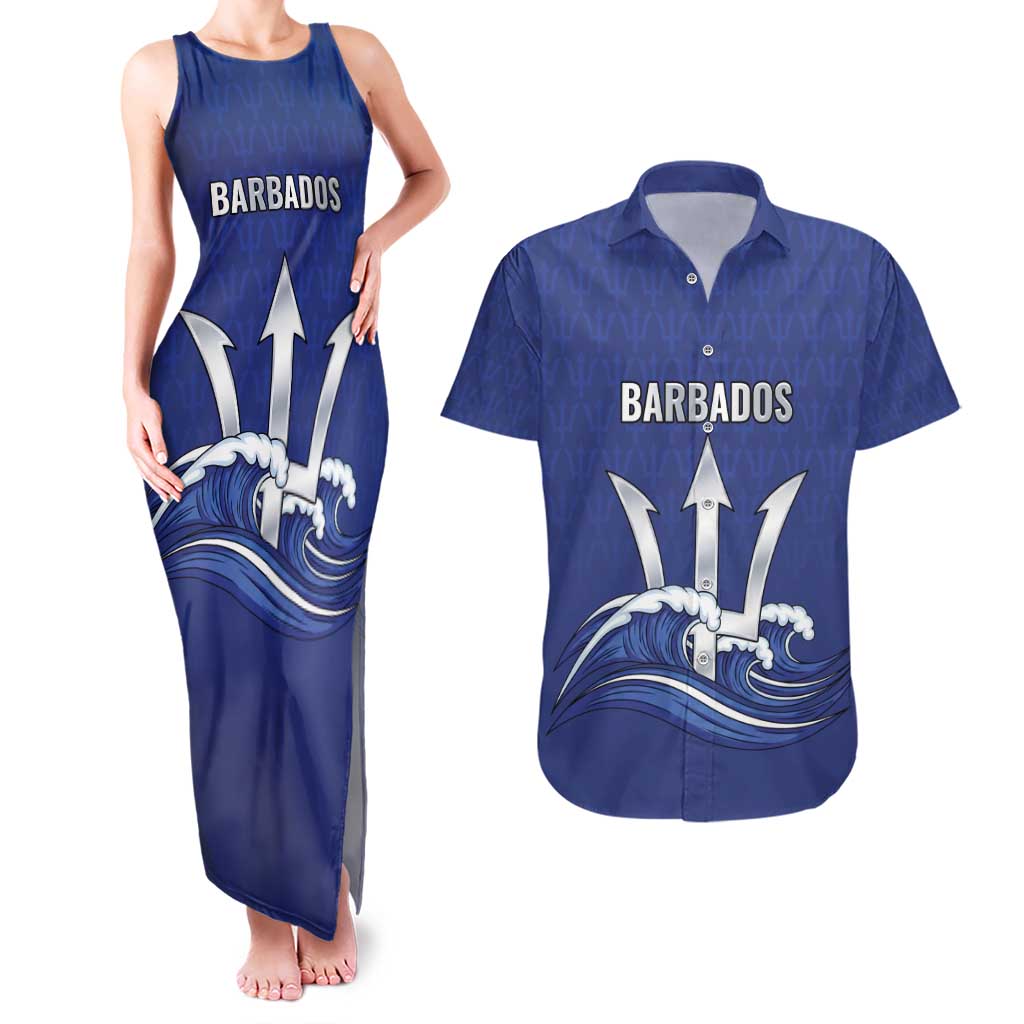 Caribbean Cricket Barbados Custom Couples Matching Tank Maxi Dress and Hawaiian Shirt Trident Champion’s Wave - Wonder Print Shop
