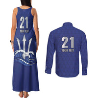 Caribbean Cricket Barbados Custom Couples Matching Tank Maxi Dress and Long Sleeve Button Shirt Trident Champion’s Wave - Wonder Print Shop