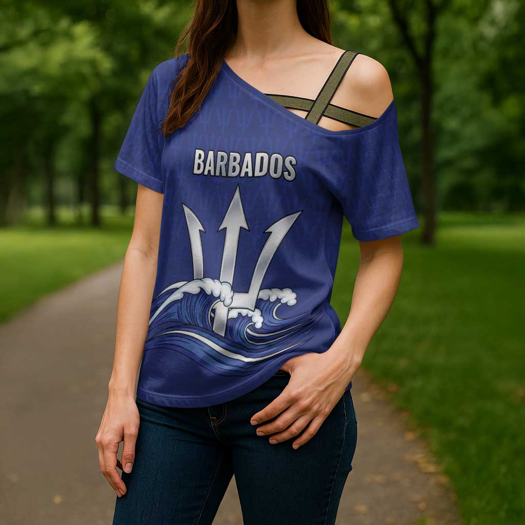 Caribbean Cricket Barbados Custom Cross Shoulder Shirt Trident Champion’s Wave - Wonder Print Shop