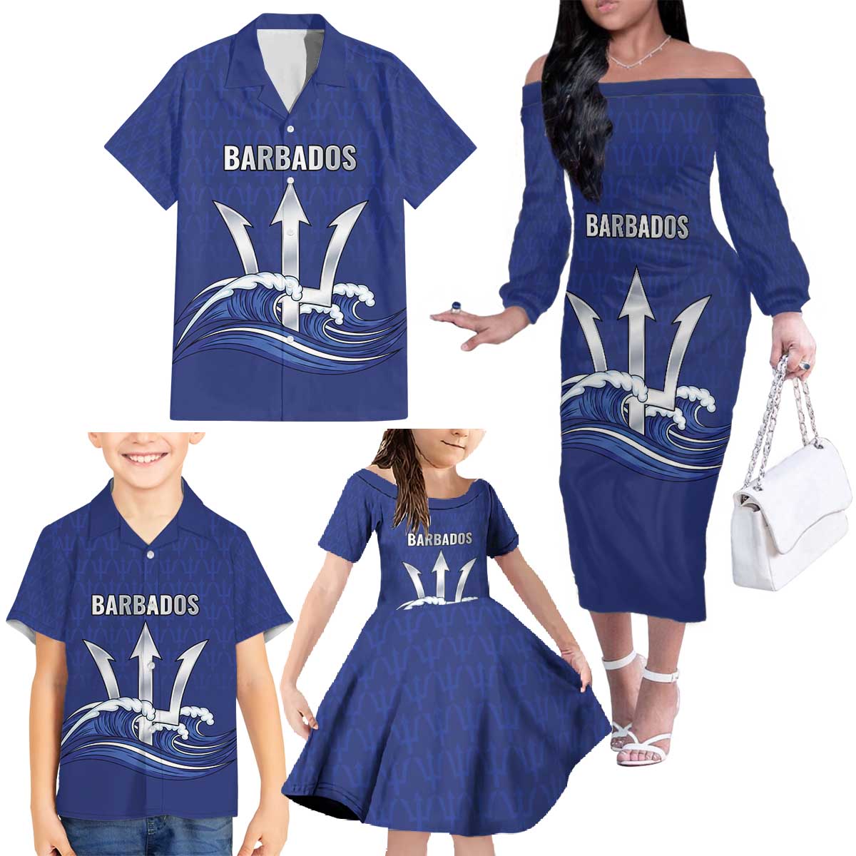 Caribbean Cricket Barbados Custom Family Matching Off The Shoulder Long Sleeve Dress and Hawaiian Shirt Trident Champion’s Wave - Wonder Print Shop