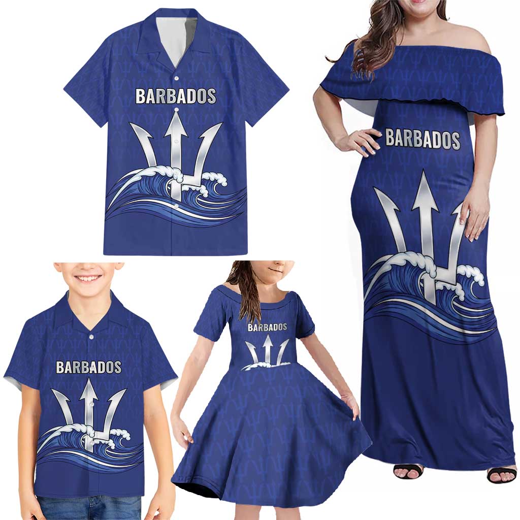 Caribbean Cricket Barbados Custom Family Matching Off Shoulder Maxi Dress and Hawaiian Shirt Trident Champion’s Wave - Wonder Print Shop
