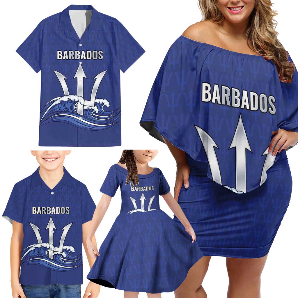 Caribbean Cricket Barbados Custom Family Matching Off Shoulder Short Dress and Hawaiian Shirt Trident Champion’s Wave - Wonder Print Shop
