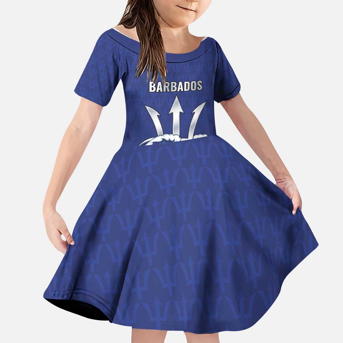 Caribbean Cricket Barbados Custom Kid Short Sleeve Dress Trident Champion’s Wave - Wonder Print Shop