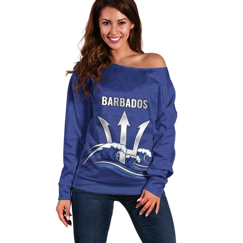Caribbean Cricket Barbados Custom Off Shoulder Sweater Trident Champion’s Wave - Wonder Print Shop