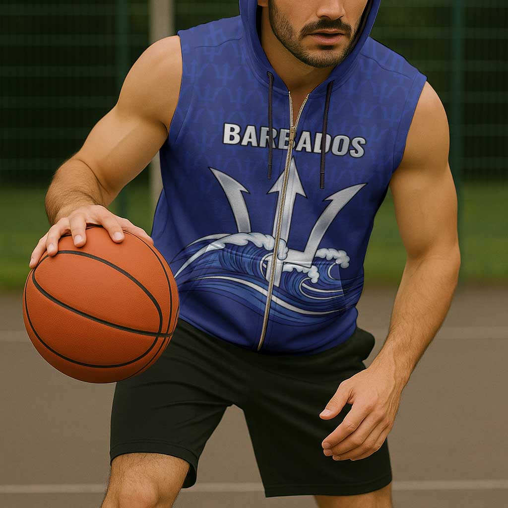 Caribbean Cricket Barbados Custom Sleeveless Zip Hoodie Trident Champion’s Wave - Wonder Print Shop