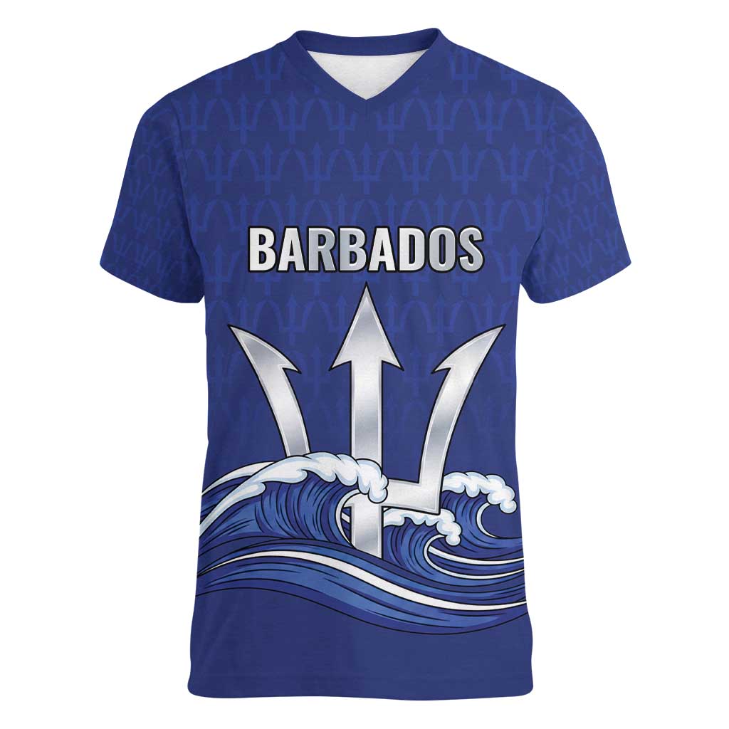 Caribbean Cricket Barbados Custom Women V-Neck T-Shirt Trident Champion’s Wave - Wonder Print Shop